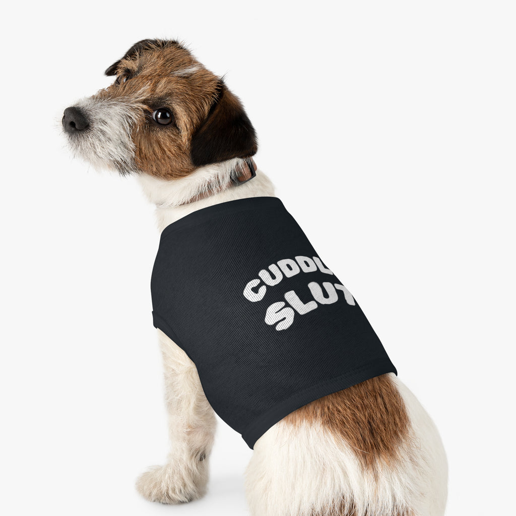Pet Tank Top — "Cuddle Slut" Funny Dog Shirt, Soft Black Puppy Tee for Cuddly Pets